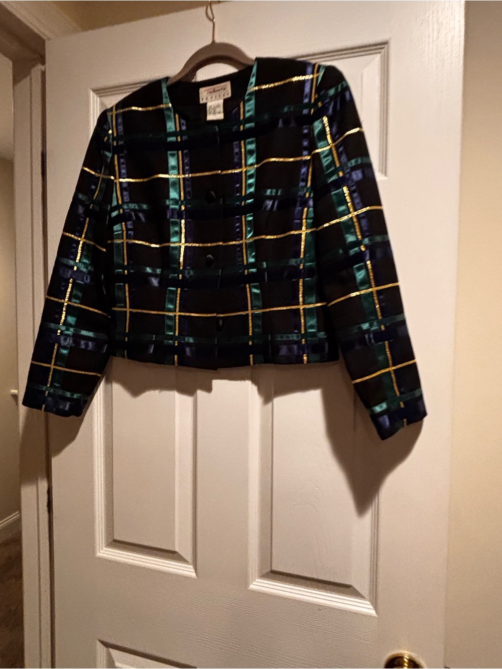 Talbots Cropped Plaid Evening Jacket with Metallic Gold